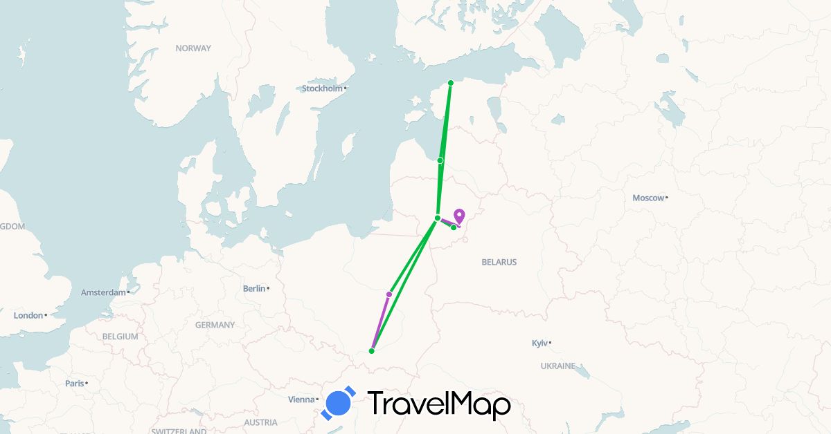 TravelMap itinerary: driving, bus, train in Estonia, Lithuania, Latvia, Poland (Europe)